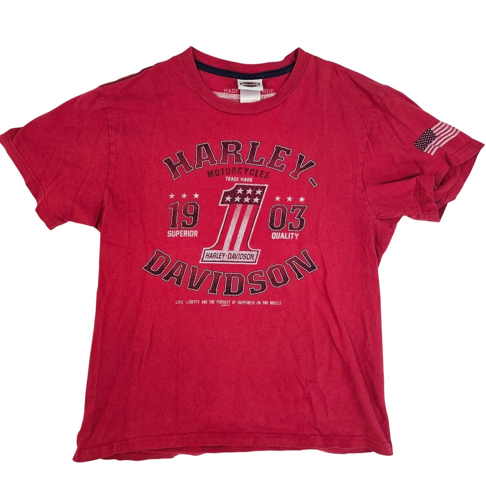 Harley Davidson Mens Red Number 1 Logo Graphic T-Shirt American Flag Sleeve M